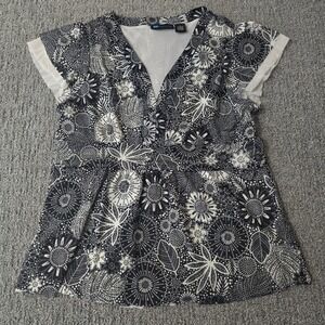 Relativity Black White Floral Mesh Top XL Sheer Stretch V Neck Boho Cottage